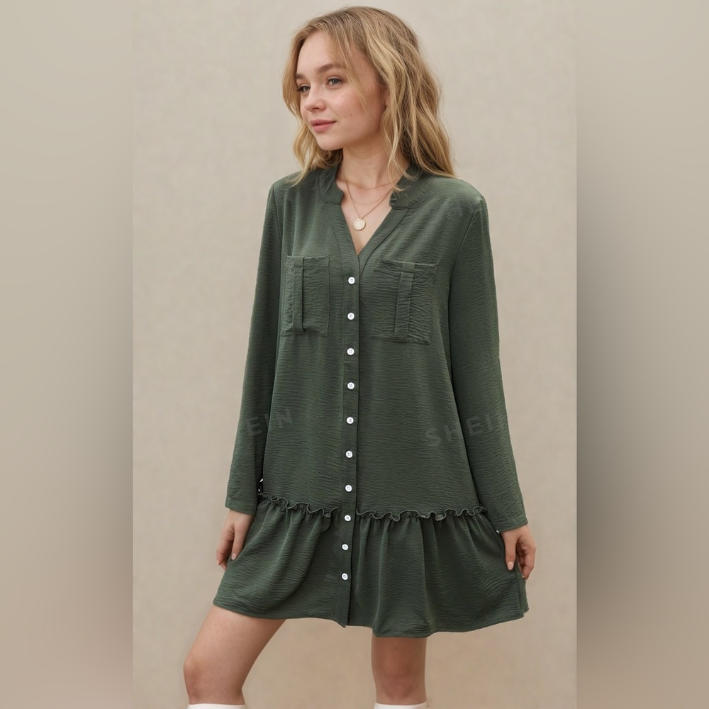 Green Ruffle Hem Smock Dress - Picture 3 of 6